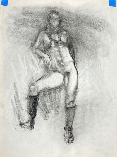 charcoal drawing of standing male model in leather fetish harness and leather boots