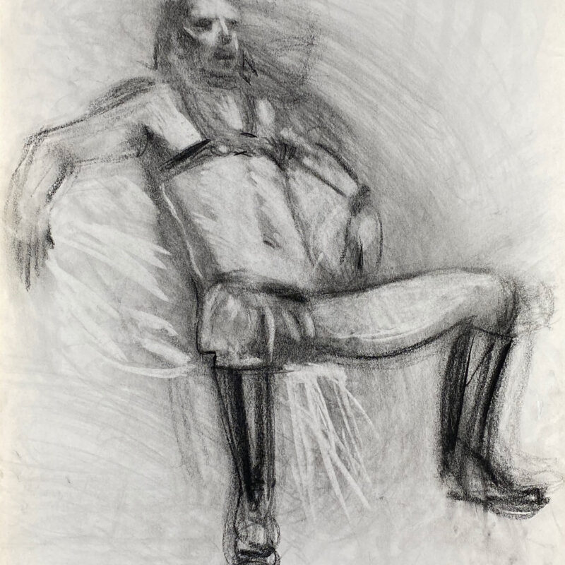 charcoal drawing of sitting male model in leather fetish harness and leather boots