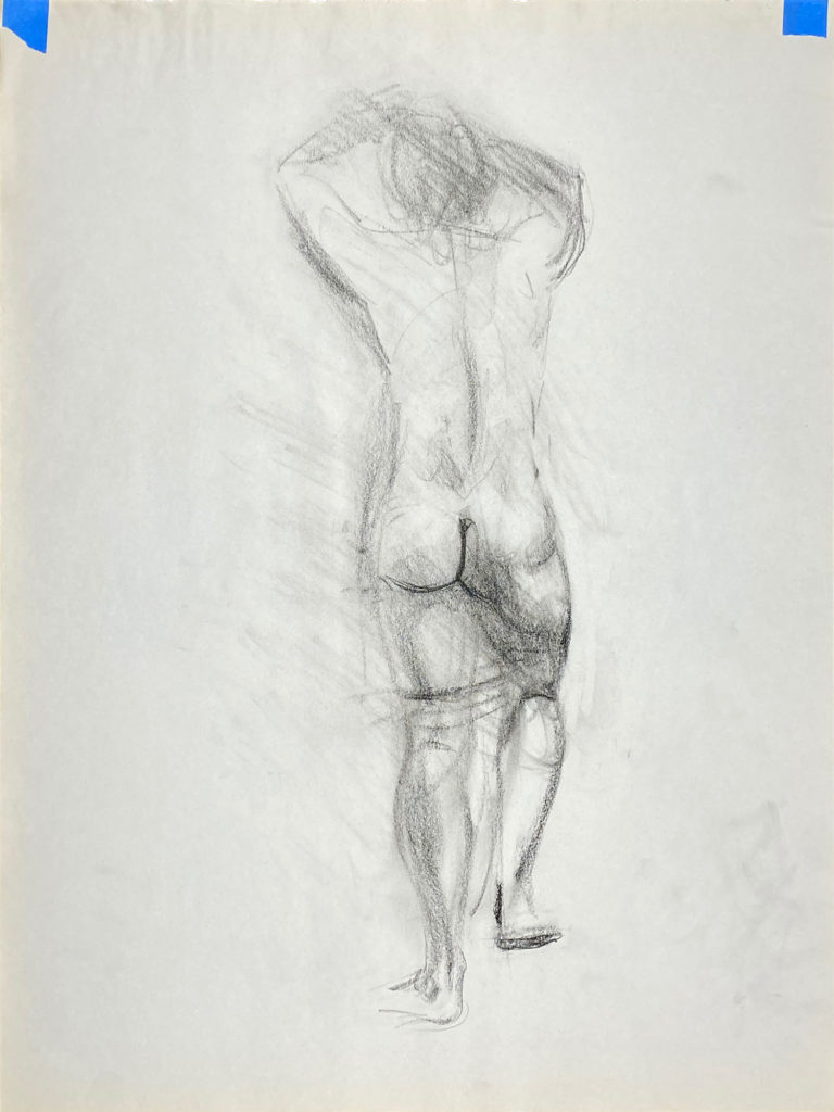 charcoal drawing of nude male model from backside