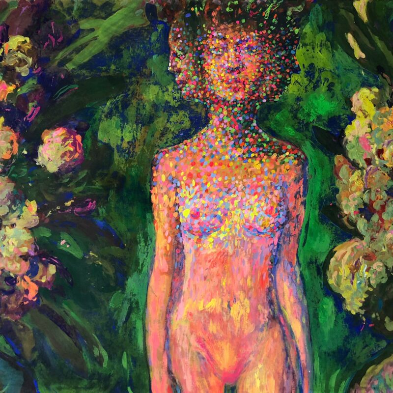 Acrylic painting "Transfiguration" with three faced woman among flowers