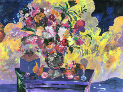 acrylic painting of still-life with flower bouquet with landscape on backdrop