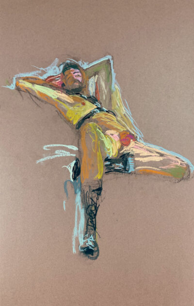 pastel drawing of male model reclining in leather fetish harness and boots