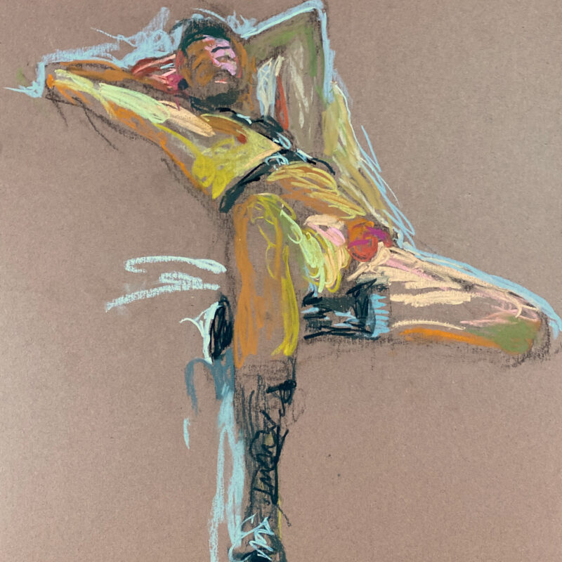 pastel drawing of male model reclining in leather fetish harness and boots