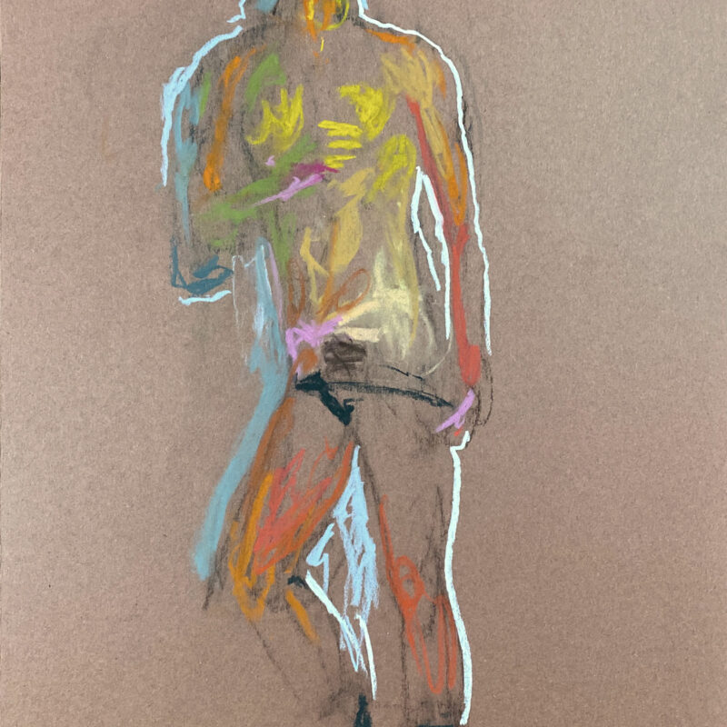 pastel drawing of male model cruising in leather fetish cap and briefs