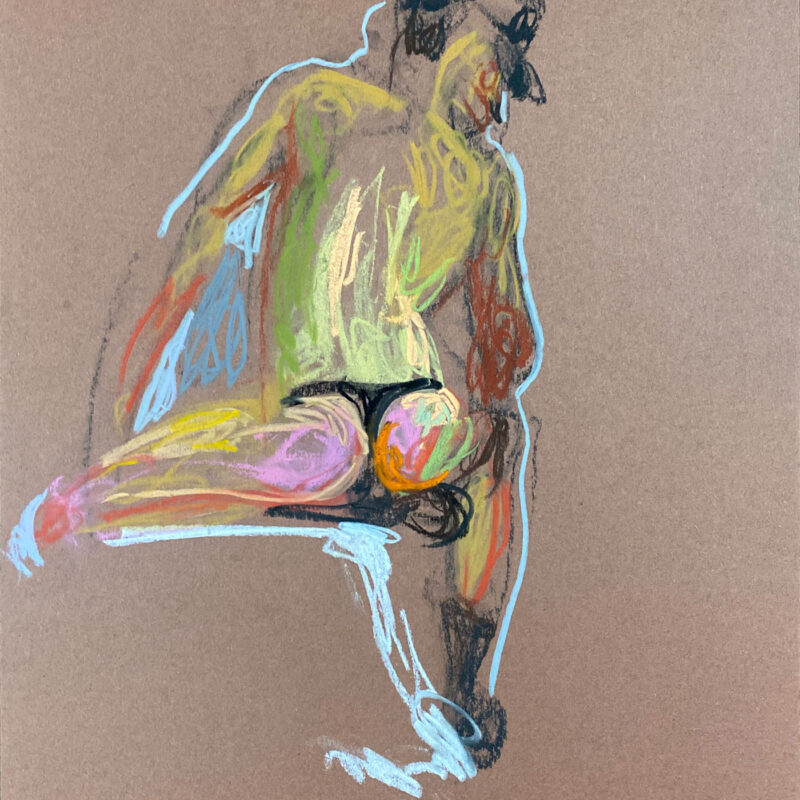 pastel drawing of male model sitting from backside in leather fetish cap and tango briefs