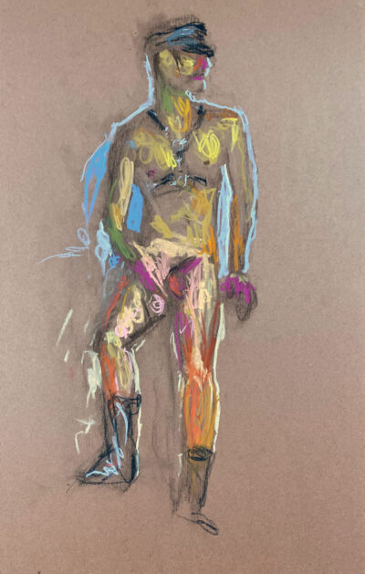 pastel drawing of male model cruising in leather fetish cap and harness