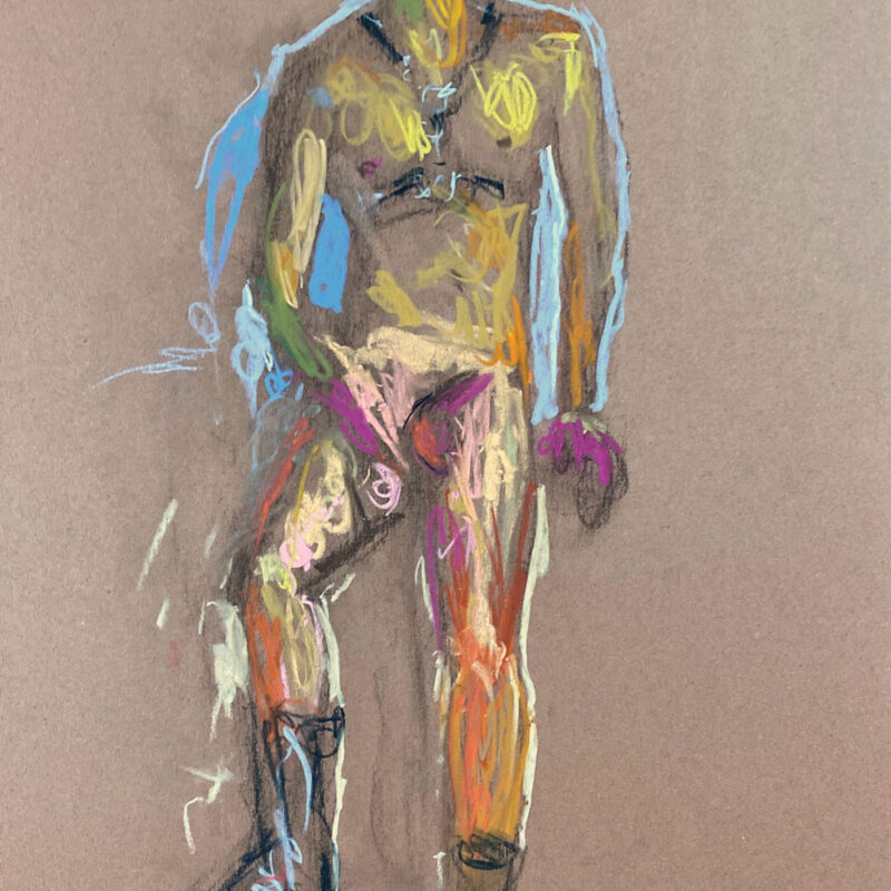 pastel drawing of male model cruising in leather fetish cap and harness