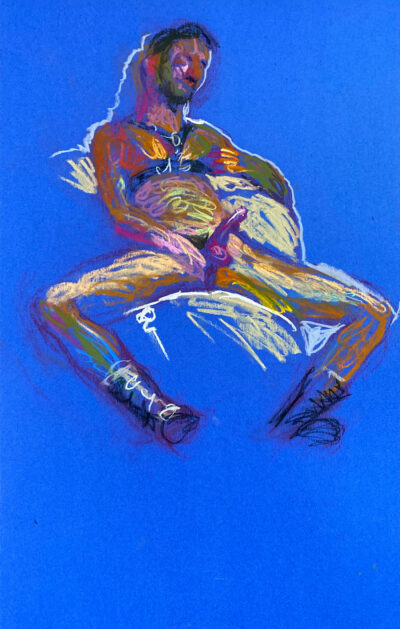 pastel drawing of male model reclining in leather fetish harness