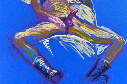 pastel drawing of male model reclining in leather fetish harness