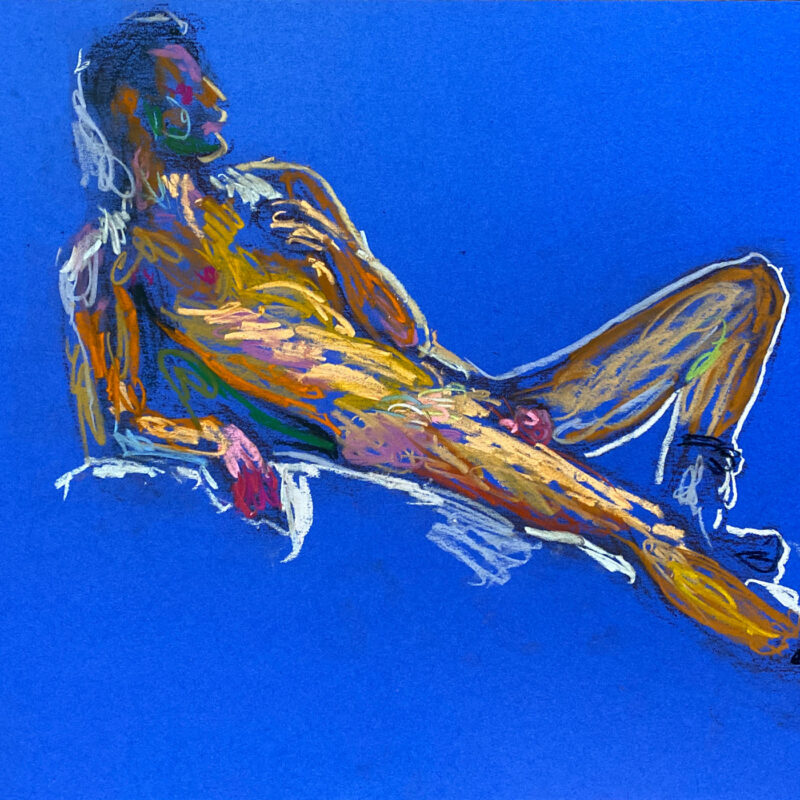 pastel drawing of male model reclining in leather boots