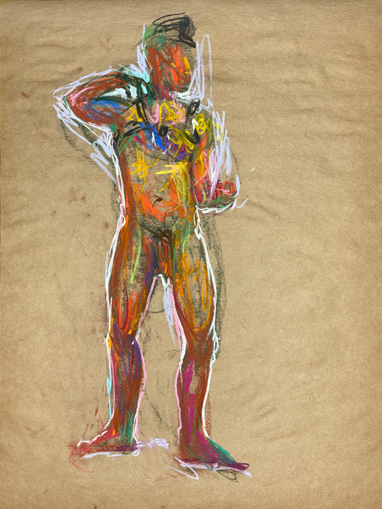 pastel drawing of male model in leather fetish garment