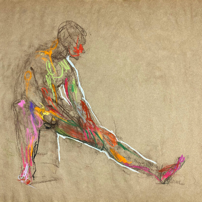 pastel drawing of male model stretching