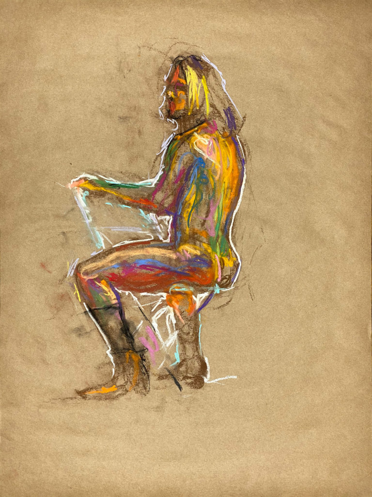 pastel drawing of male model sitting on chair