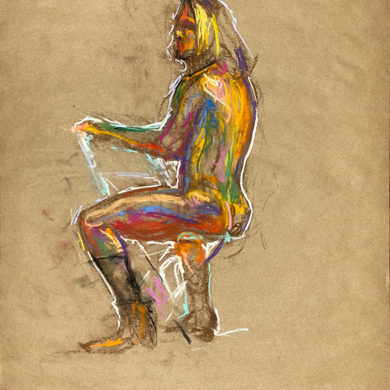 pastel drawing of male model sitting on chair