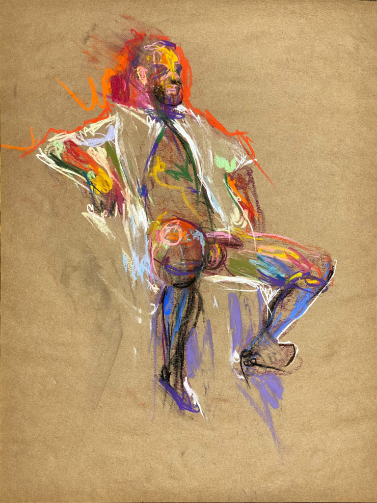 pastel drawing of male model in dress shirt, black socks and shoes