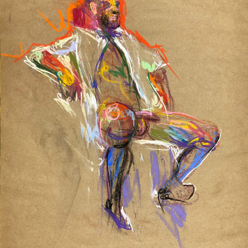 pastel drawing of male model in dress shirt, black socks and shoes