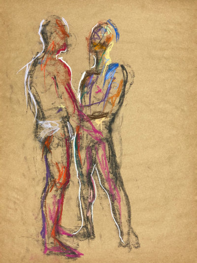 pastel drawing of two male models in front to each other