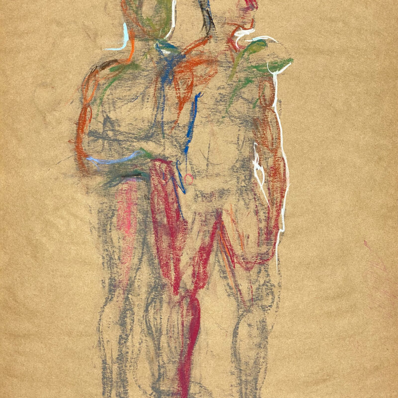pastel drawing of two male models embracing
