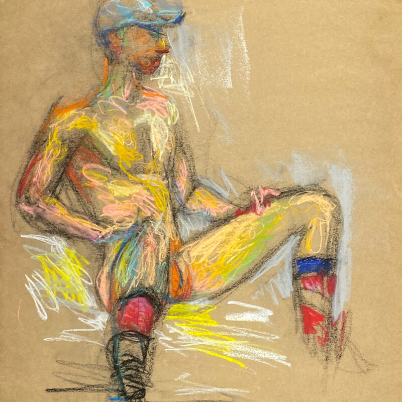 pastel drawing of sitting naked male model in sport outfit