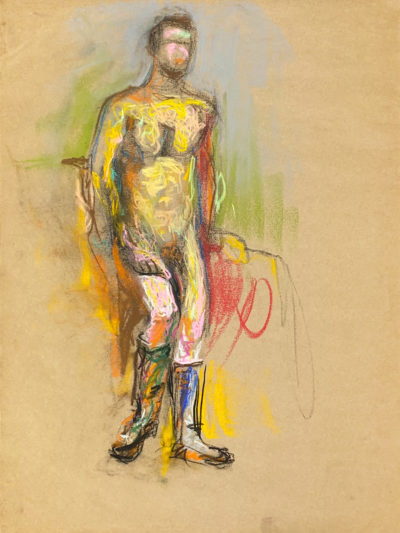 pastel drawing of standing naked male model in military boots