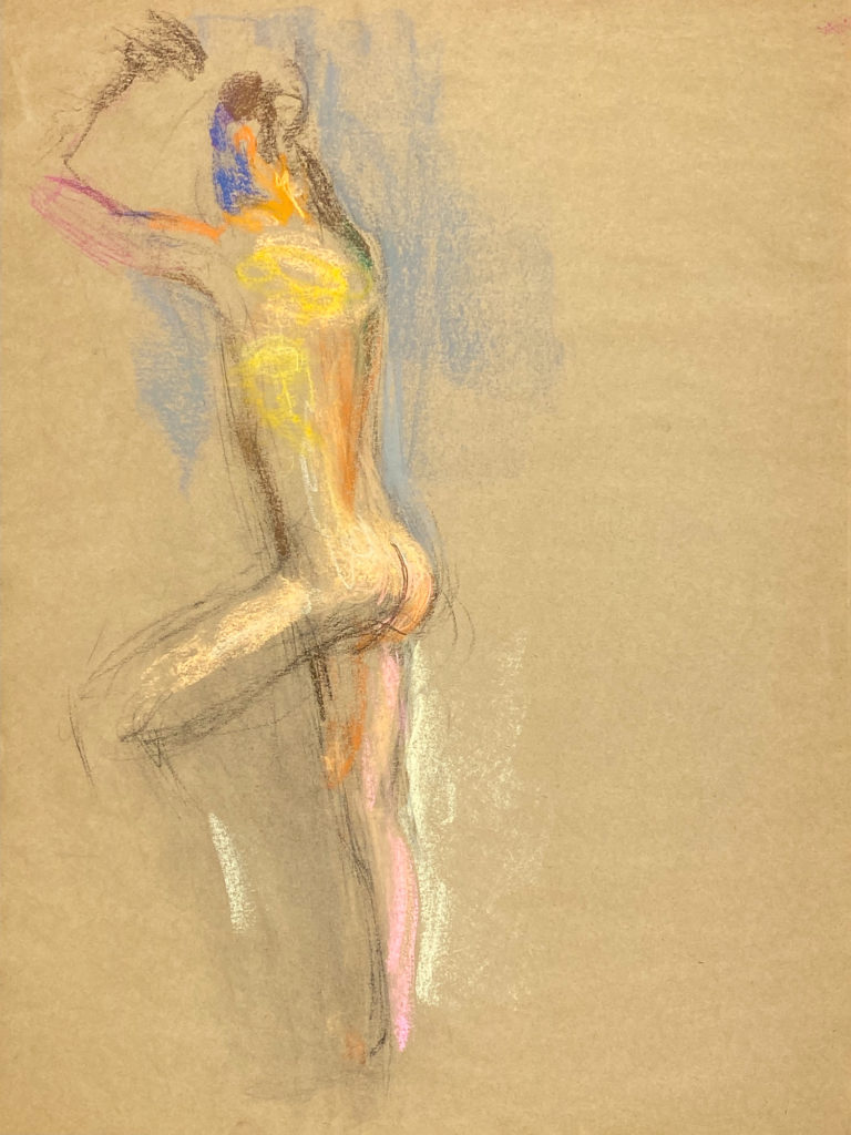 pastel drawing of standing male model from backside