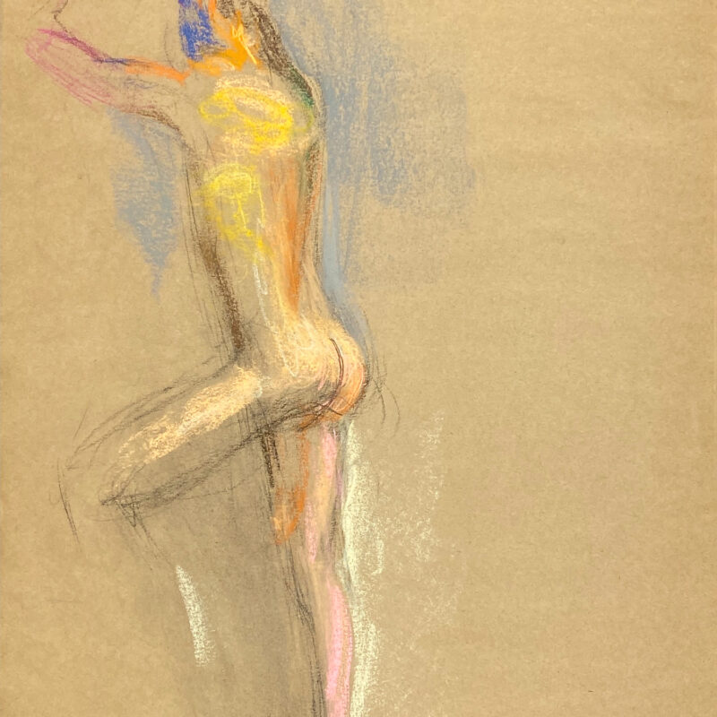 pastel drawing of standing male model from backside