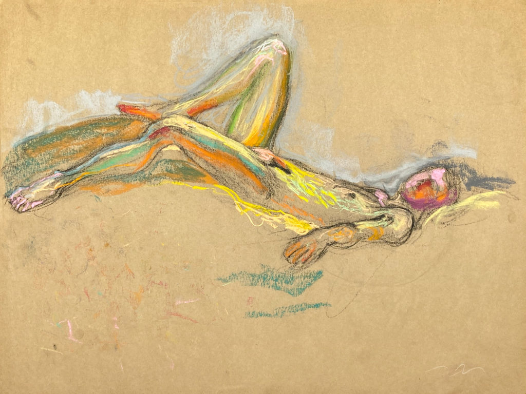 pastel drawing of laying naked male model