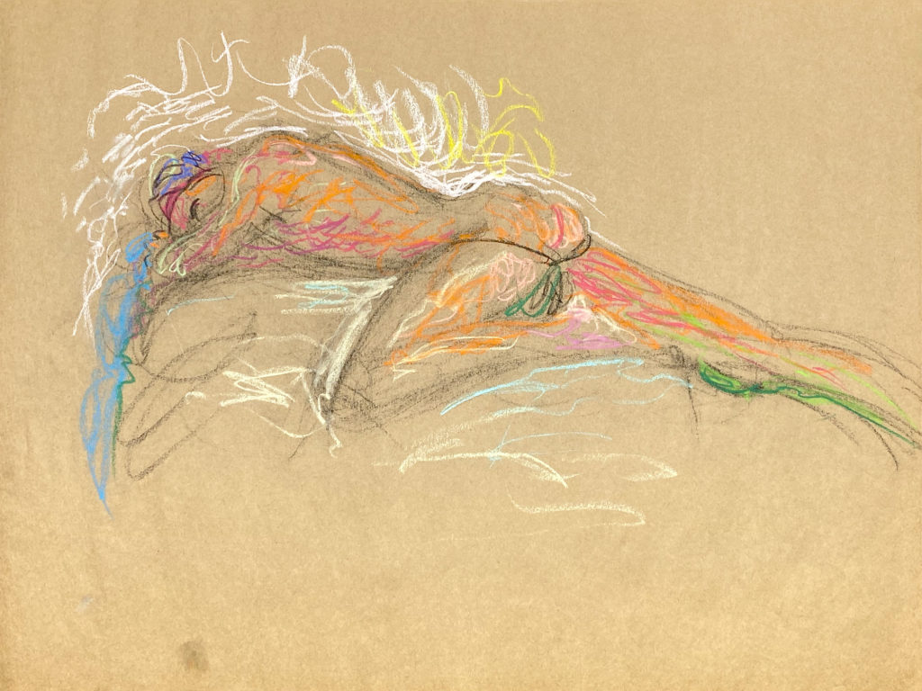 pastel drawing of male model in jocks laying