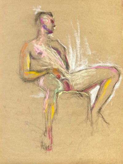 pastel drawing of nude male model sitting