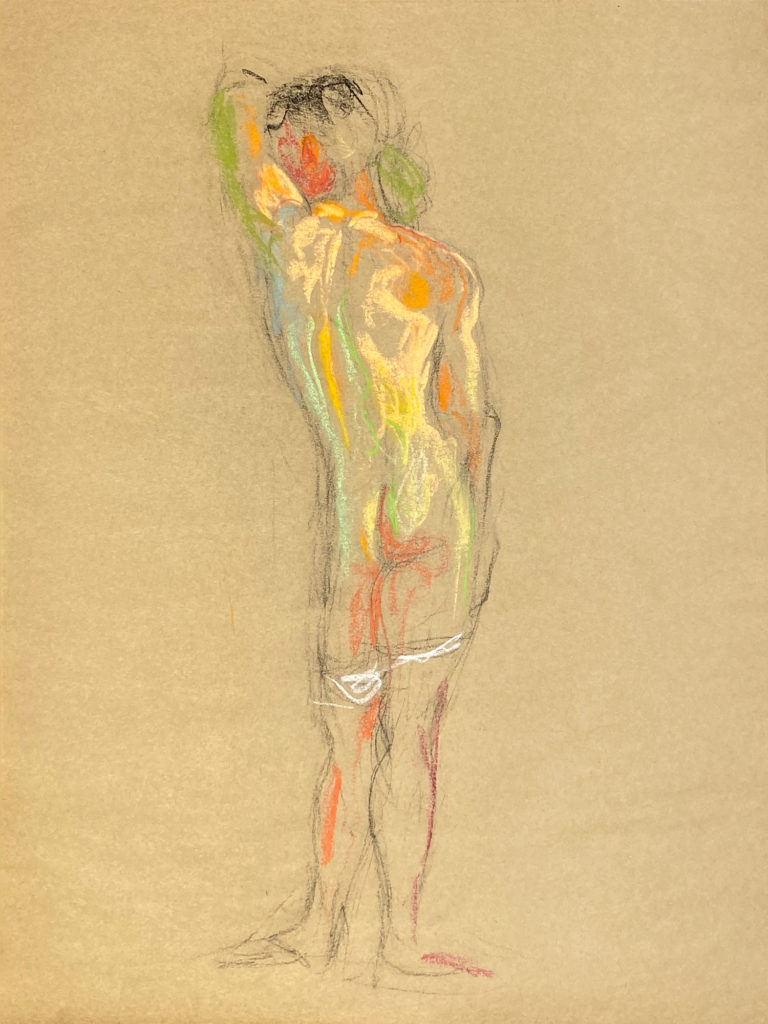 pastel drawing of nude male model from backside