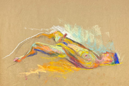 pastel drawing of nude male model laying aroused