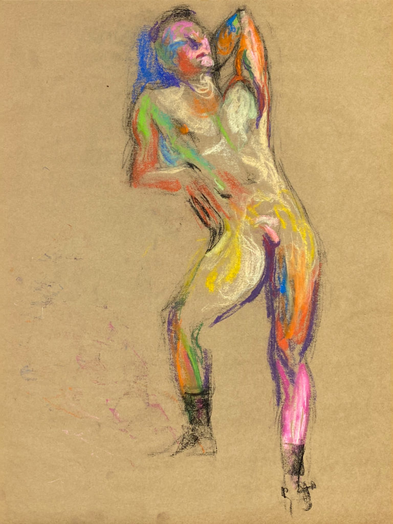 pastel drawing of nude male model in boots