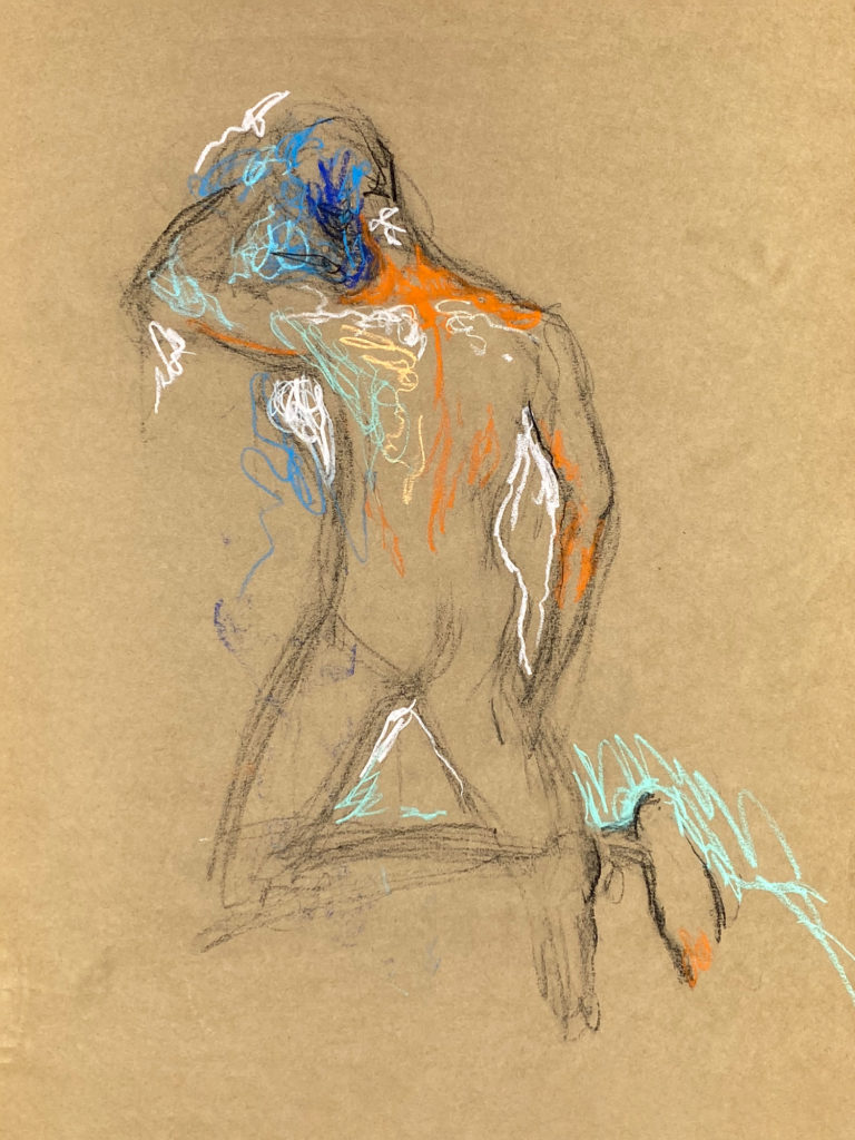 pastel drawing of nude male model from backside
