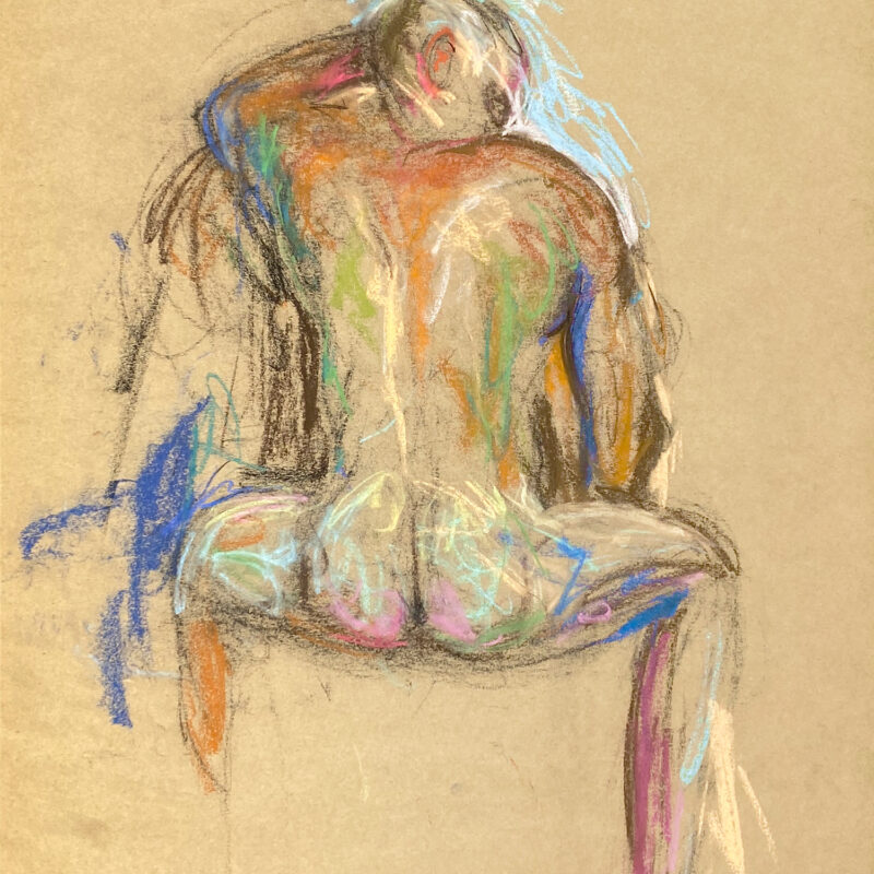 pastel drawing of male model from backside