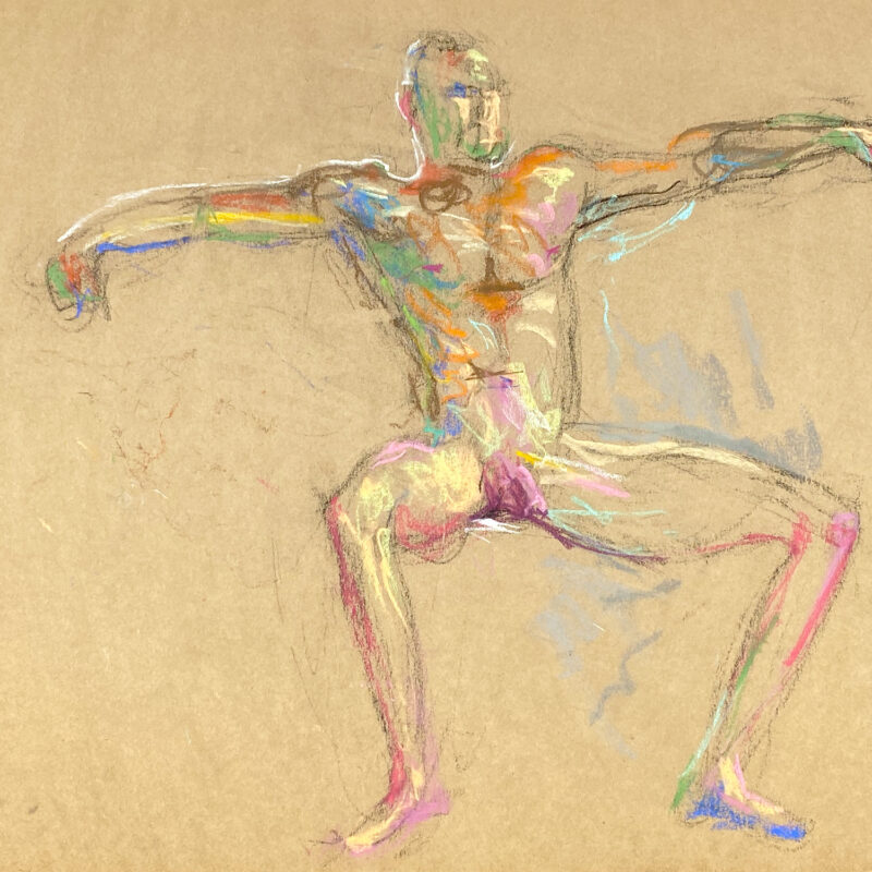 pastel drawing of sitting male model nude