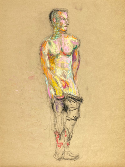 pastel drawing of male model in black jeans