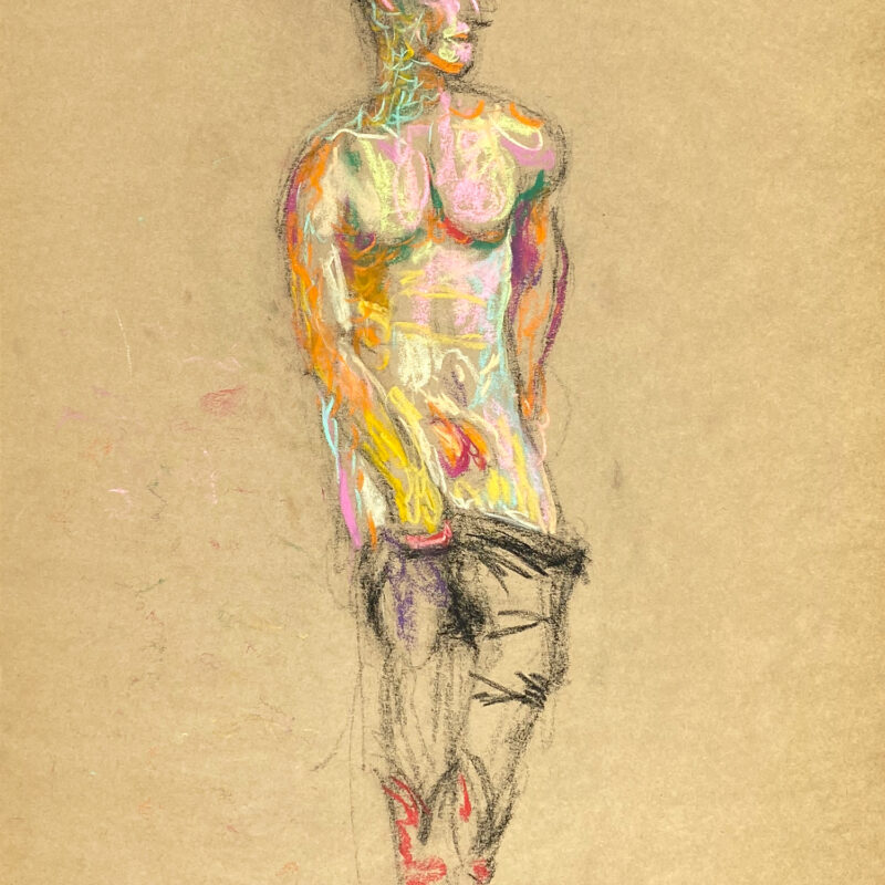 pastel drawing of male model in black jeans