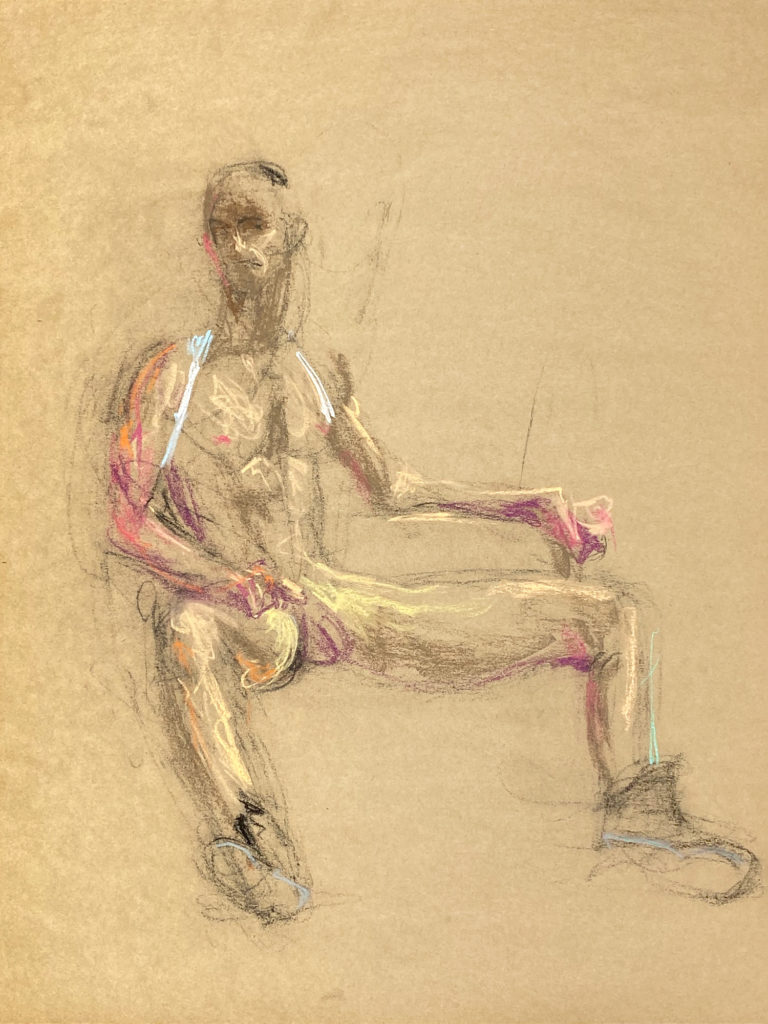 pastel drawing of sitting male model in boots and white tank