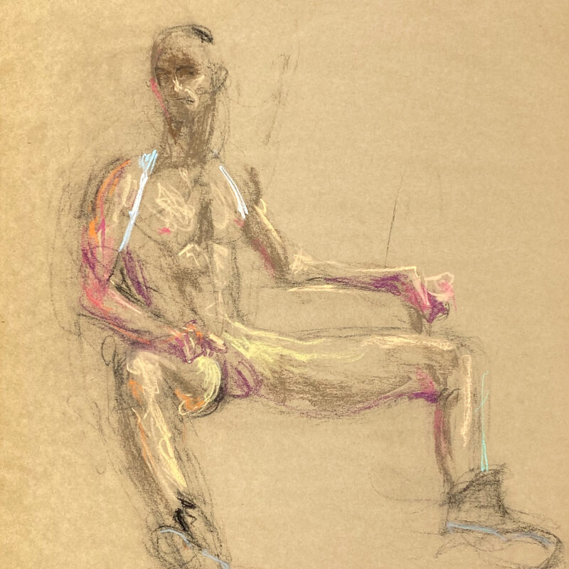 pastel drawing of sitting male model in boots and white tank