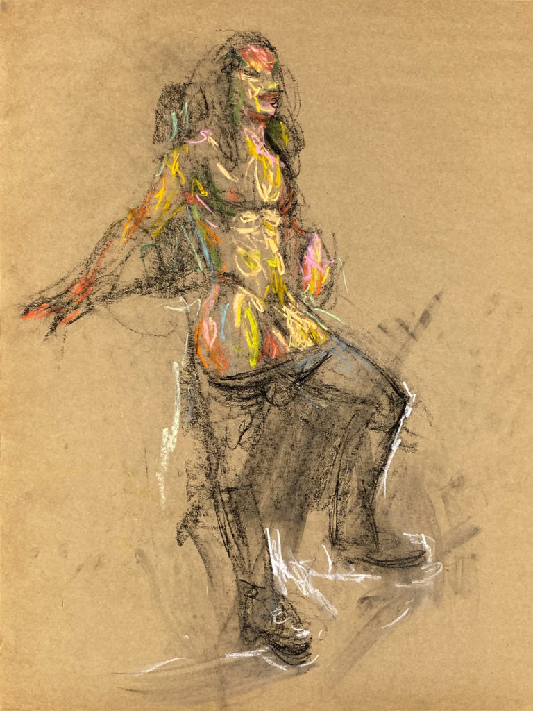 pastel drawing of naked male model in jeans and boots