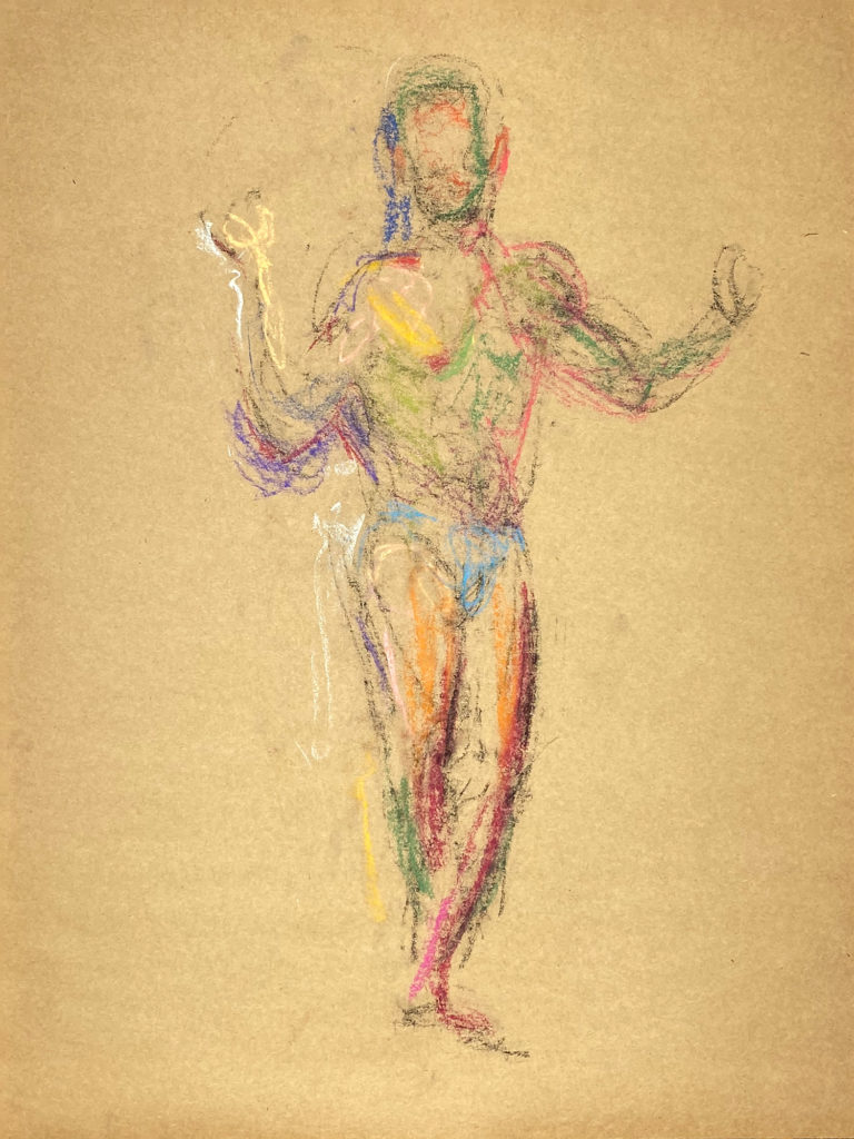 pastel drawing of male model in blue briefs
