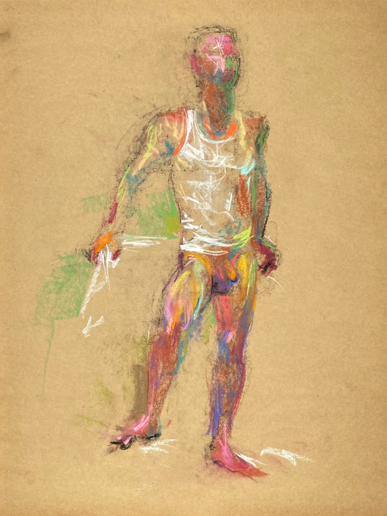 pastel drawing of naked male model in white tank