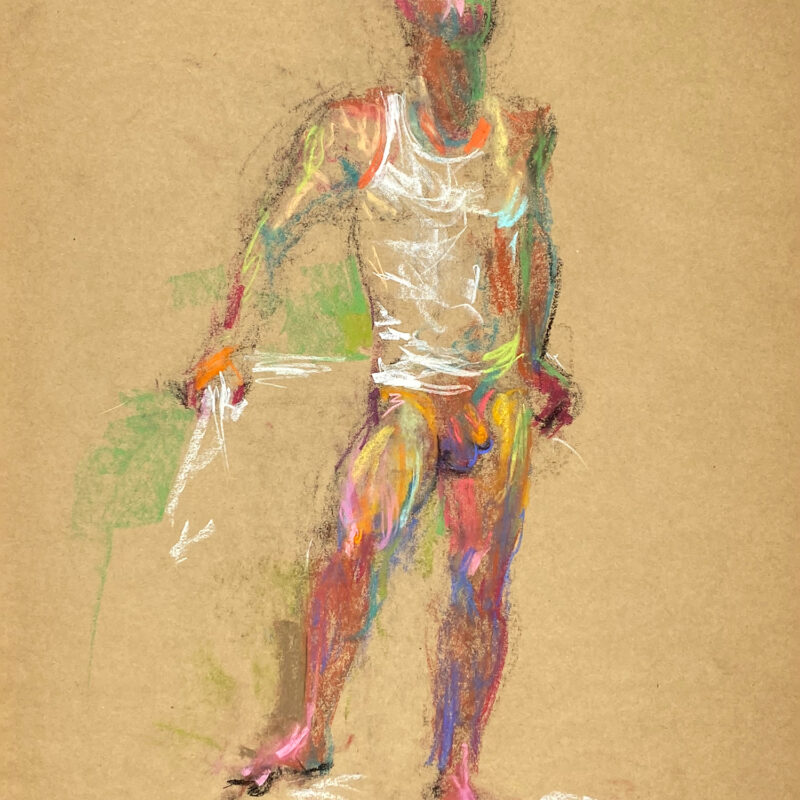 pastel drawing of naked male model in white tank
