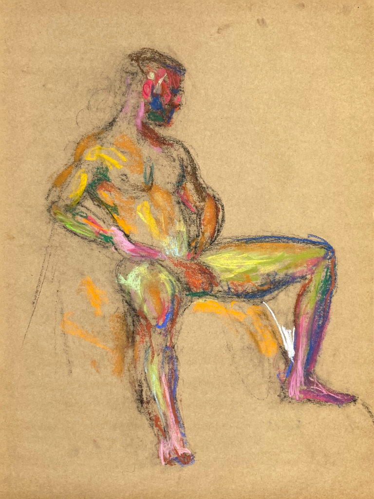 pastel drawing of naked male model sitting