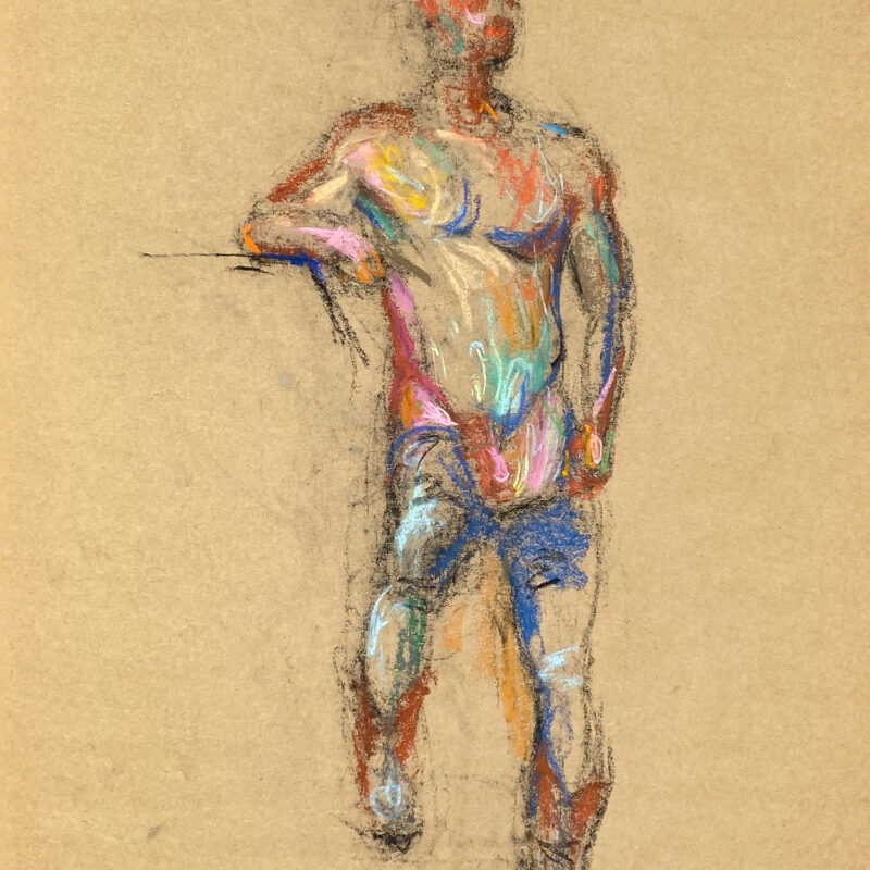 pastel drawing of male model in jeans and cowboy boots