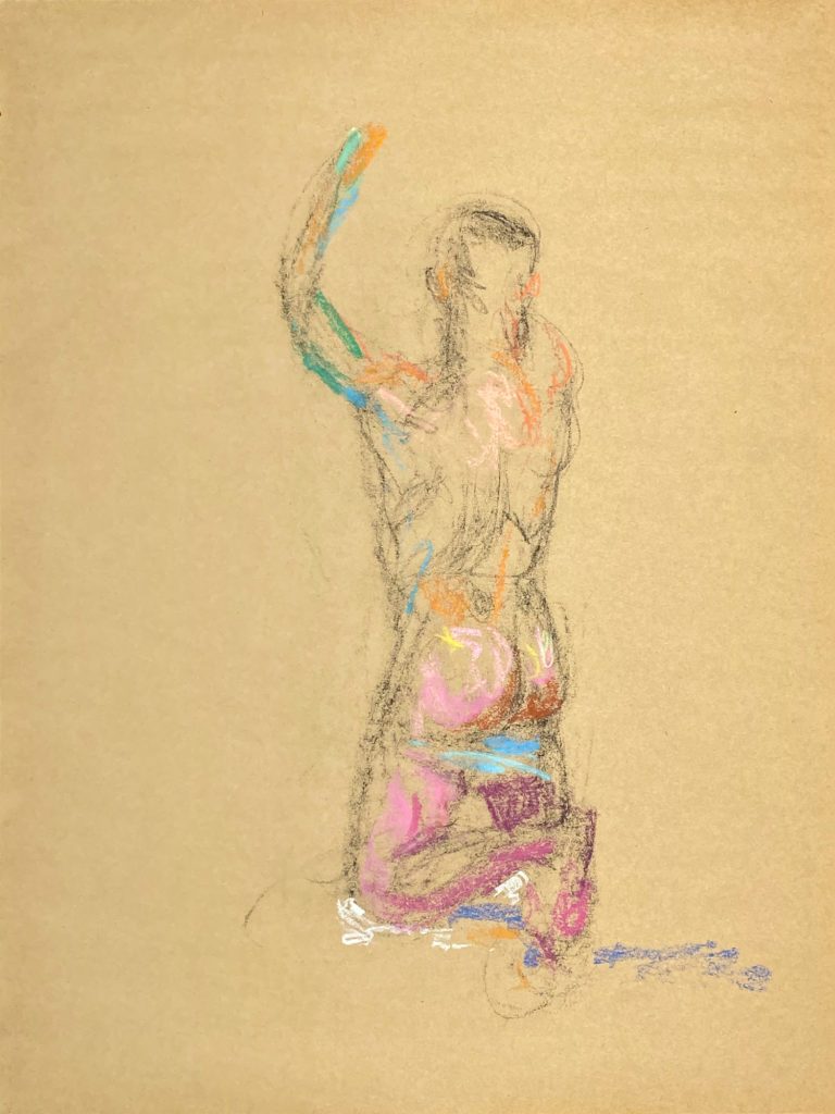 pastel drawing of naked male model from backside