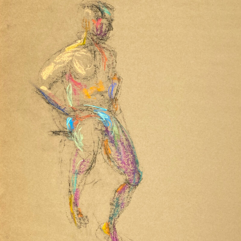 pastel drawing of naked male model in blue speedo