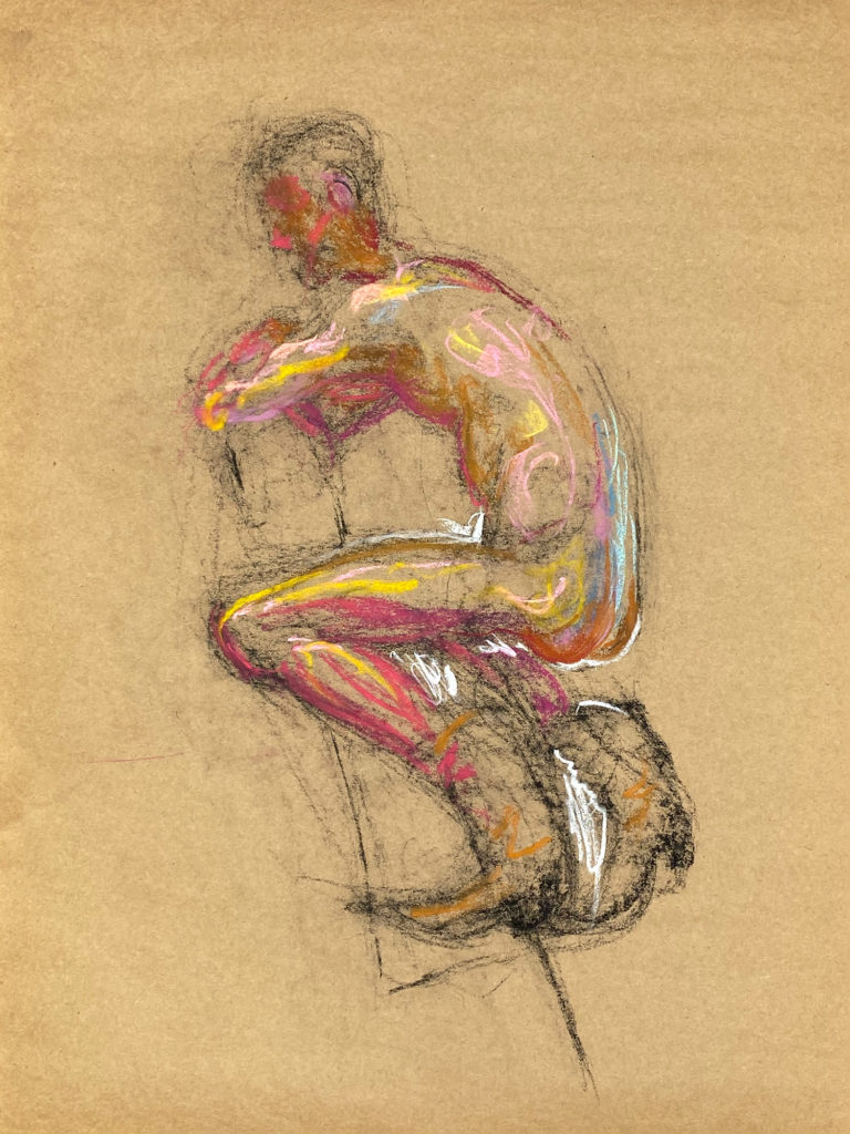 pastel drawing of naked male model in cowboy boots