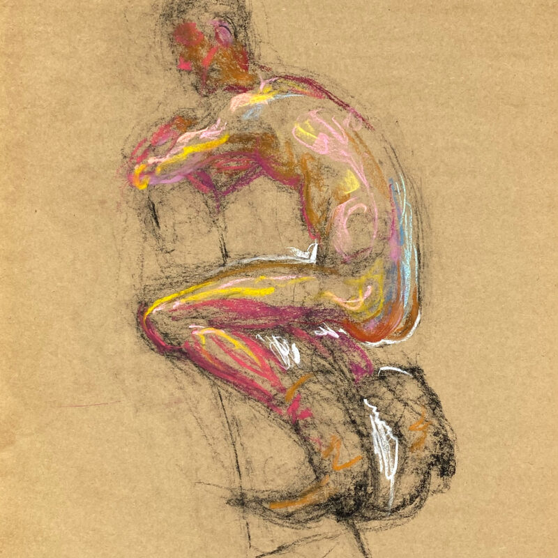 pastel drawing of naked male model in cowboy boots