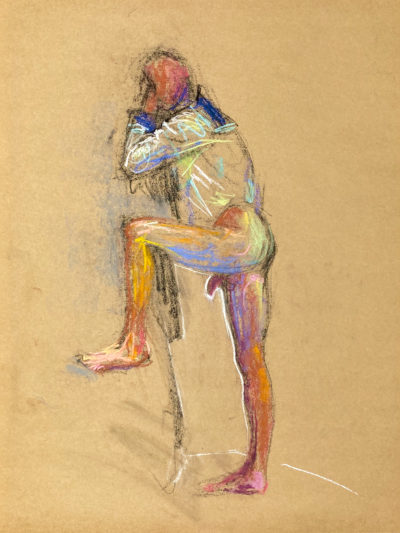 pastel drawing of naked male model in sailor shirt